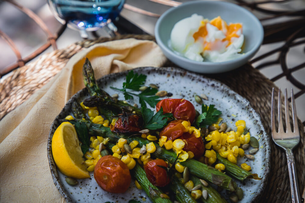 Grilled asparagus, corn and cheery tomatoes