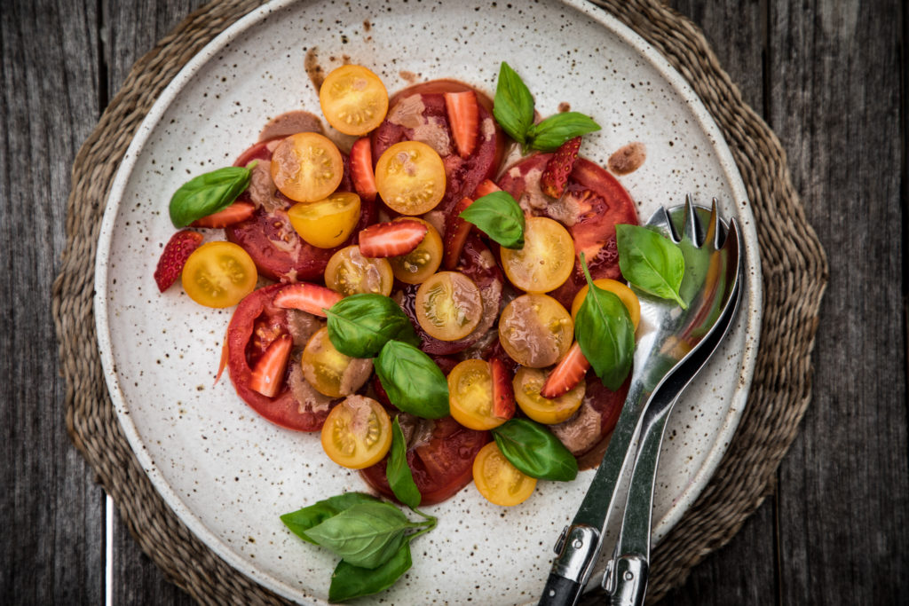 Tomato and Basil Salad with Strawberry Balsamic Dressing