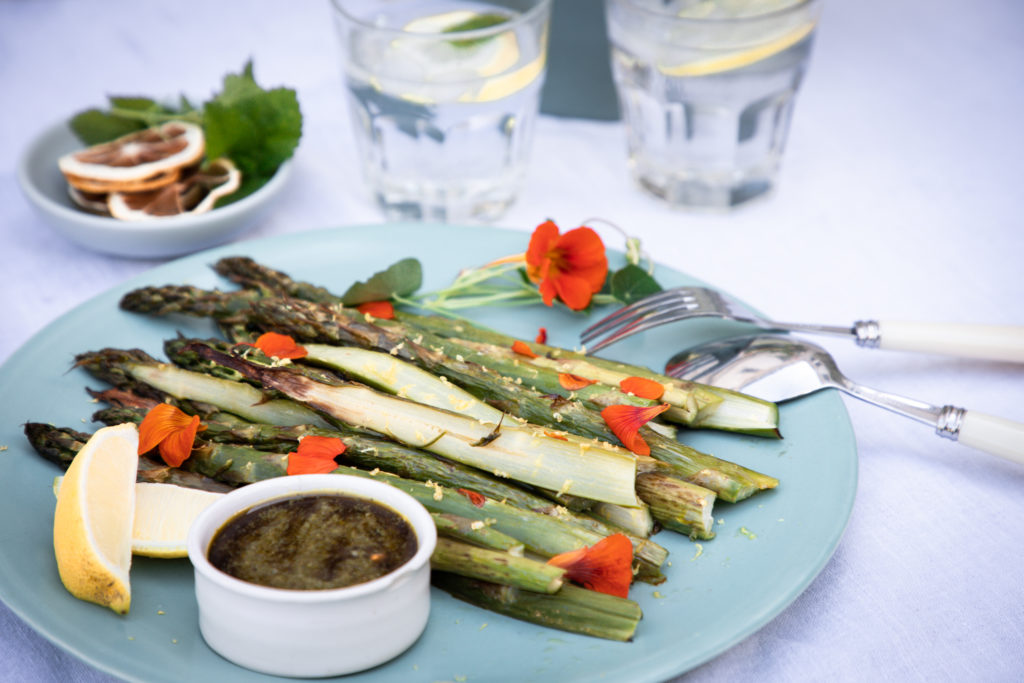 Grilled Asparagus with Nasturtium and Mint Sauce