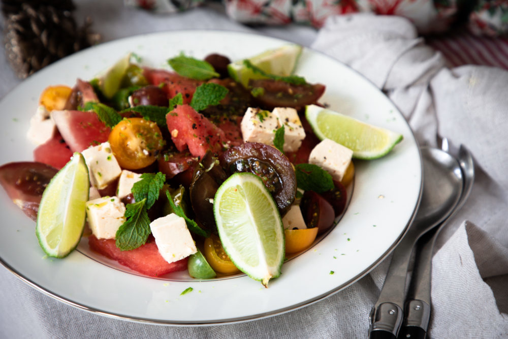 Watermelon and Tomato Salad with Feta, Mint and Pistachios