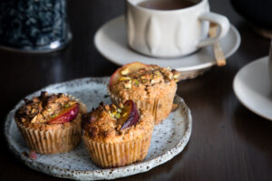 Plum and pistachio almond meal muffins